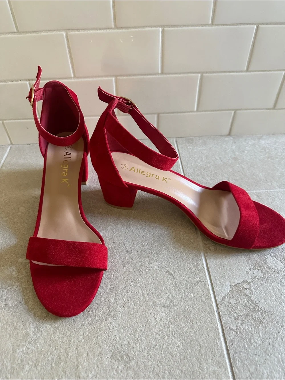 Allegra K Red Faux Suede Ankle-Strap Block Heel Sandals